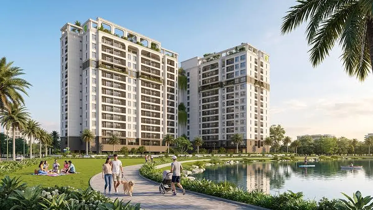 Phối cảnh Tropic Tower với hai tòa căn hộ bên hồ cảnh quan và khuôn viên xanh