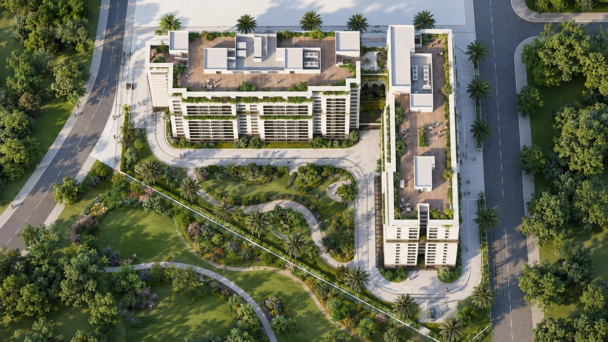 Phối cảnh Tropic Tower từ trên cao với hai khối căn hộ và công viên cảnh quan xanh