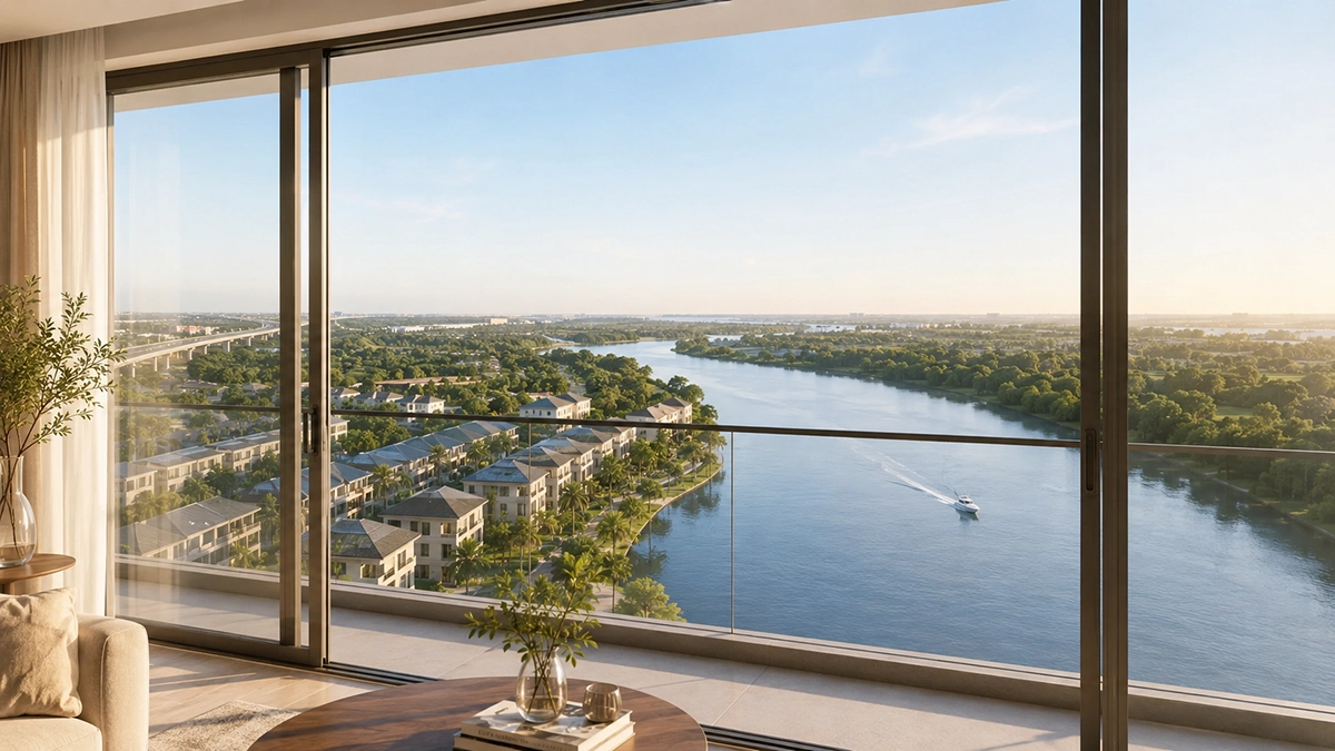 Phối cảnh tầm nhìn từ căn hộ Tropic Tower hướng ra dòng sông và cảnh quan xanh