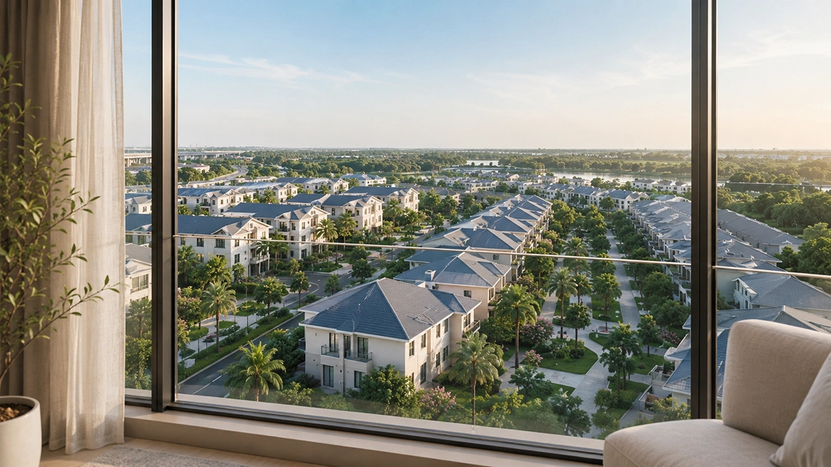 Phối cảnh tầm nhìn từ căn hộ Tropic Tower hướng ra khu biệt thự Tropic Riverside