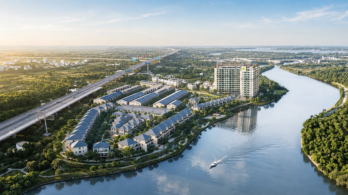 Phối cảnh Tropic Tower nằm trong khu đô thị Tropic Riverside ven sông tại phường Long Trường, TP.HCM