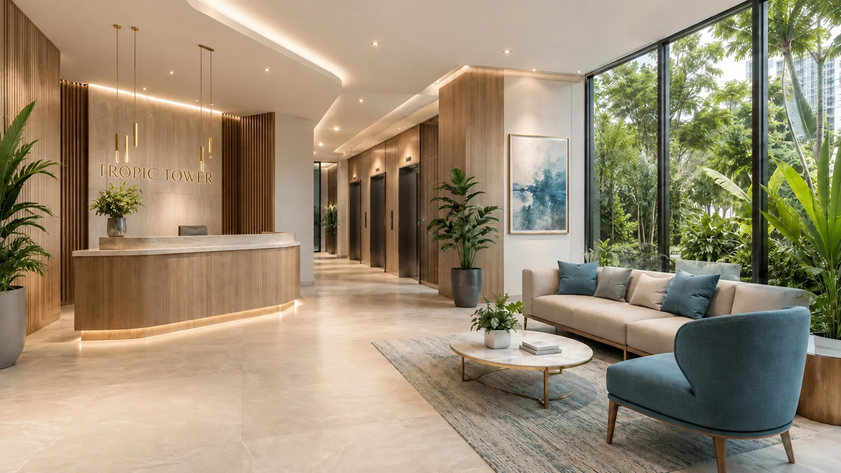 Phối cảnh minh họa sảnh chờ hiện đại bên trong dự án Tropic Tower